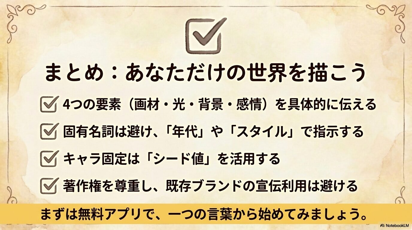 指示の具体化、固有名詞の回避、シード値の活用、著作権の尊重の4点からなる、AI画像生成のチェックリスト