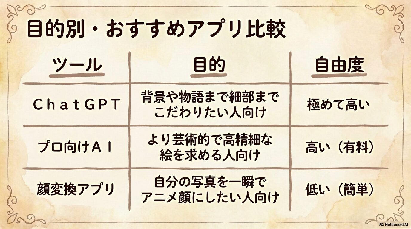ChatGPT、プロ向けAI、顔変換アプリのそれぞれの目的と自由度をまとめた比較表