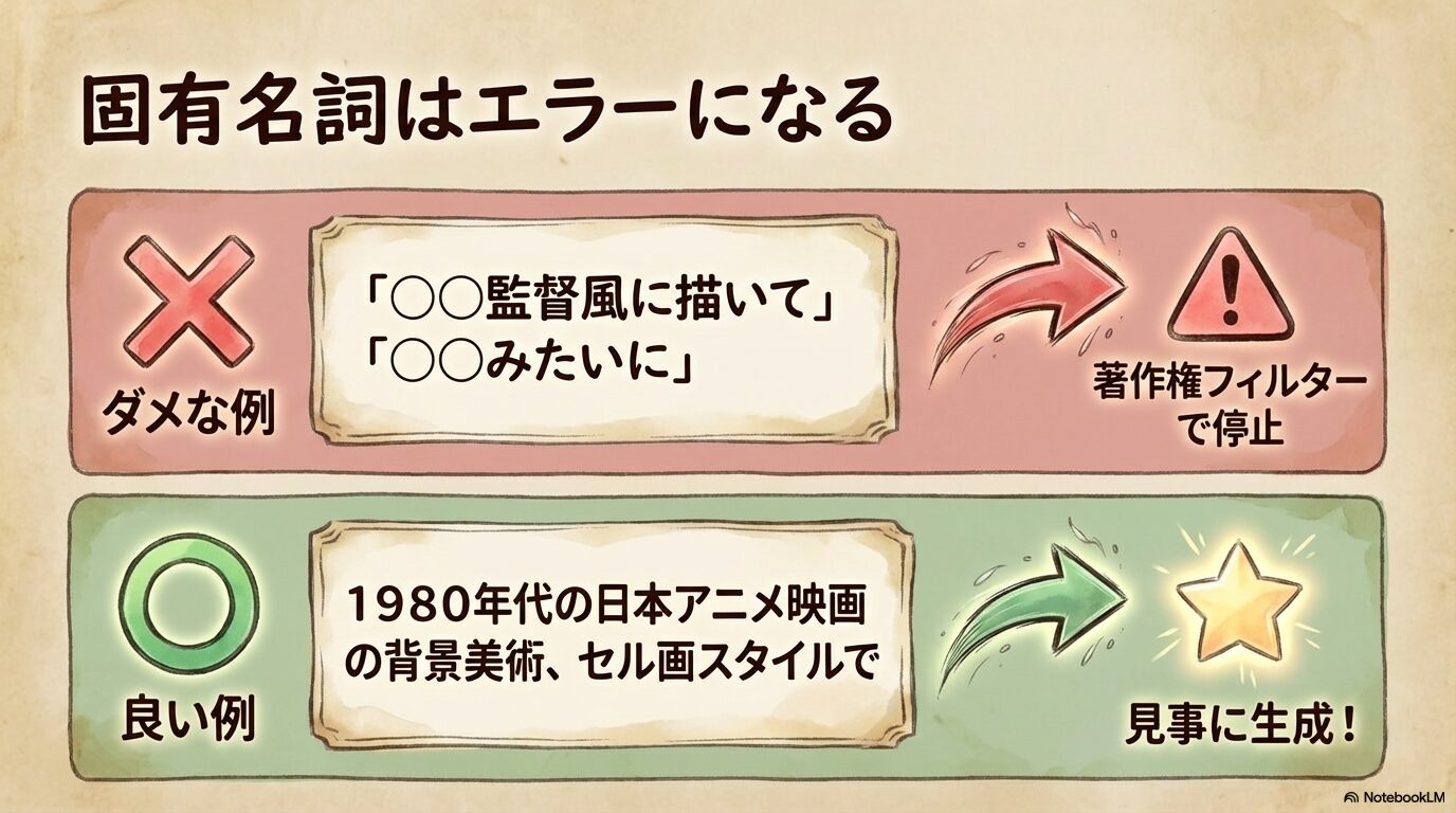 著作権フィルターで停止する固有名詞を用いたダメな例と、年代やスタイルで指示する良い例の比較解説