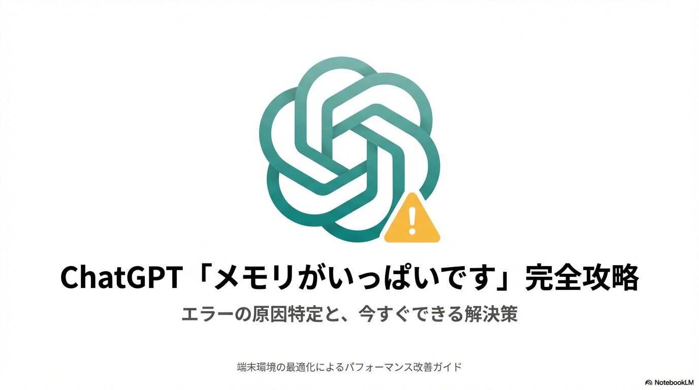 ChatGPTメモリがいっぱいですエラー完全攻略ガイドの表紙。ロゴと警告マークのイラスト。