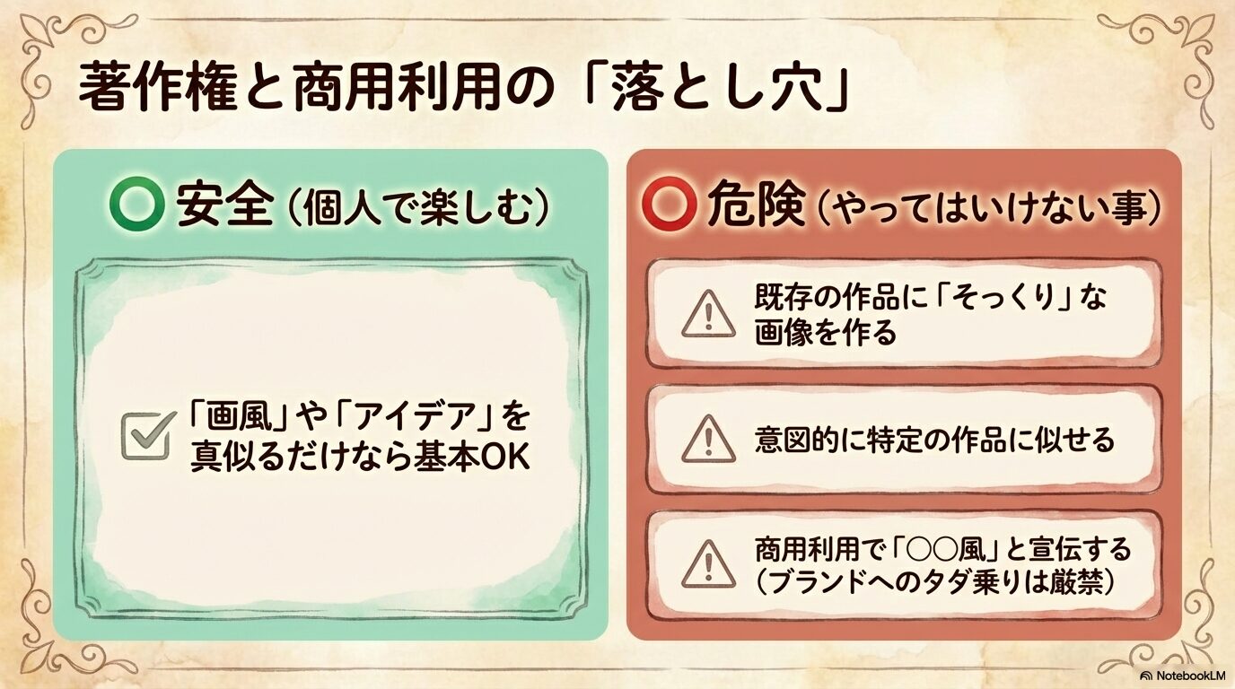 個人で楽しむ安全な利用法と、既存作品に似せたり宣伝に利用したりする危険な利用法の比較