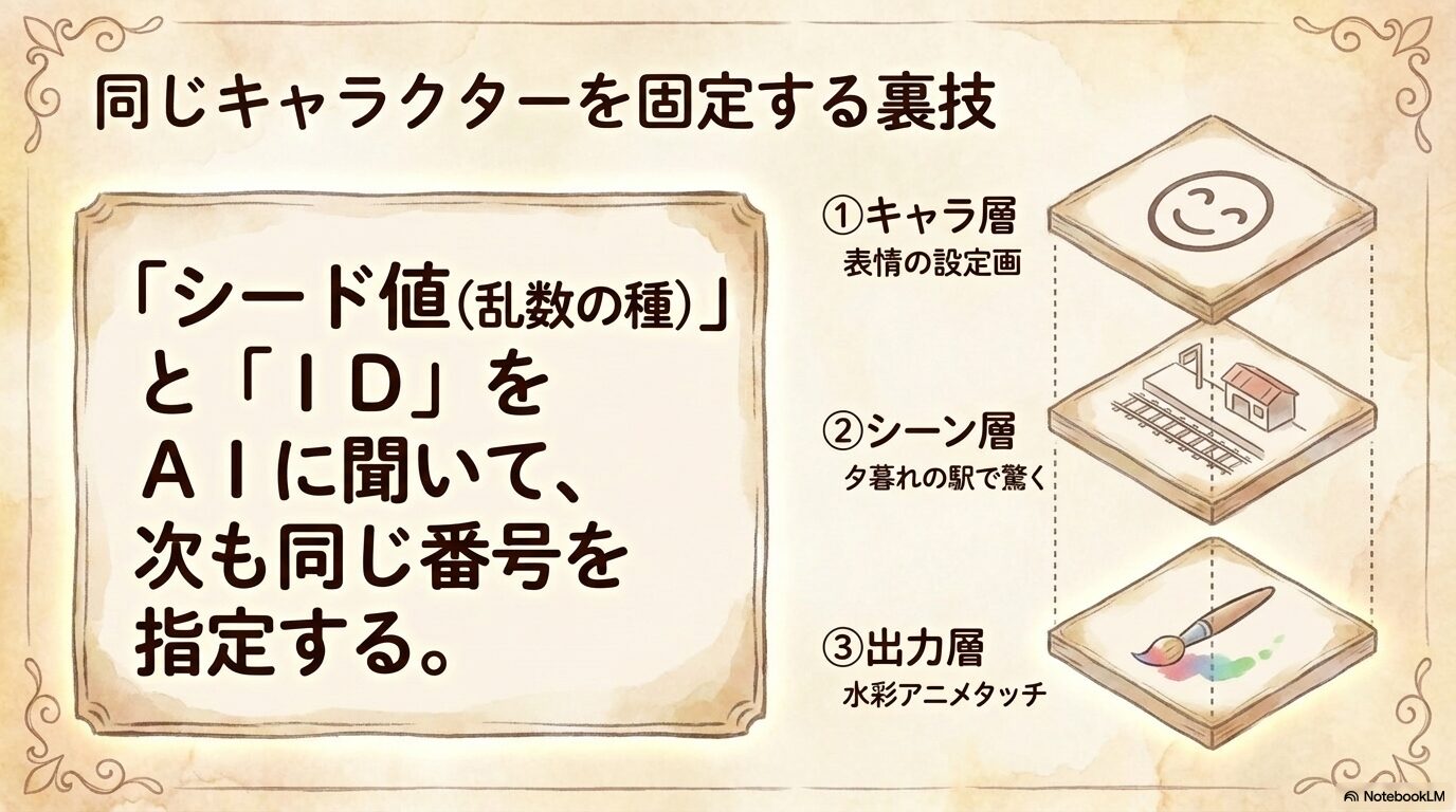 シード値やIDを指定し、キャラ層・シーン層・出力層に分けて指示することで同一キャラクターを固定する図解