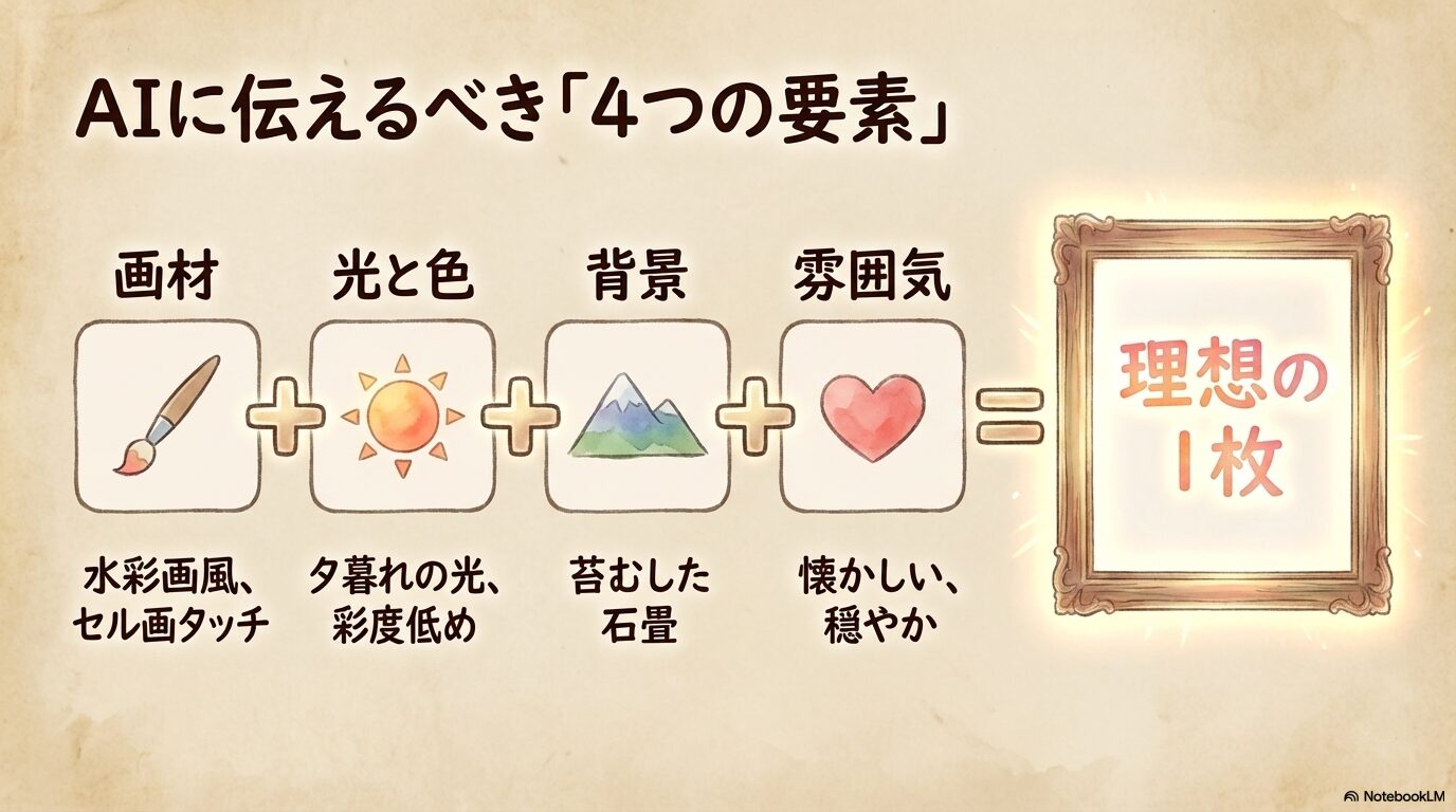 AI画像生成で重要な「画材」「光と色」「背景」「雰囲気」の4要素と、具体的なプロンプト例の解説