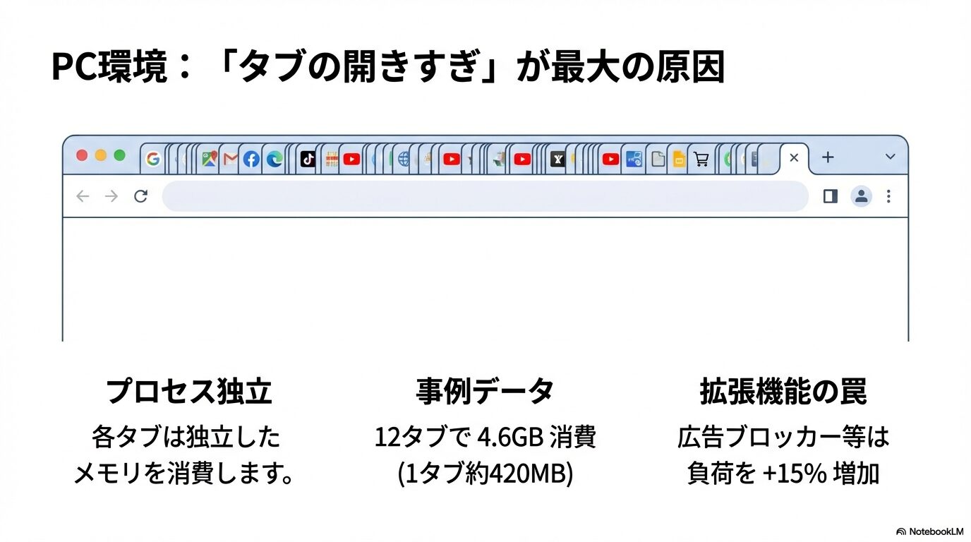 各タブが独立してメモリを消費し、広告ブロッカーなどの拡張機能が負荷を15%増加させることを示す図解。