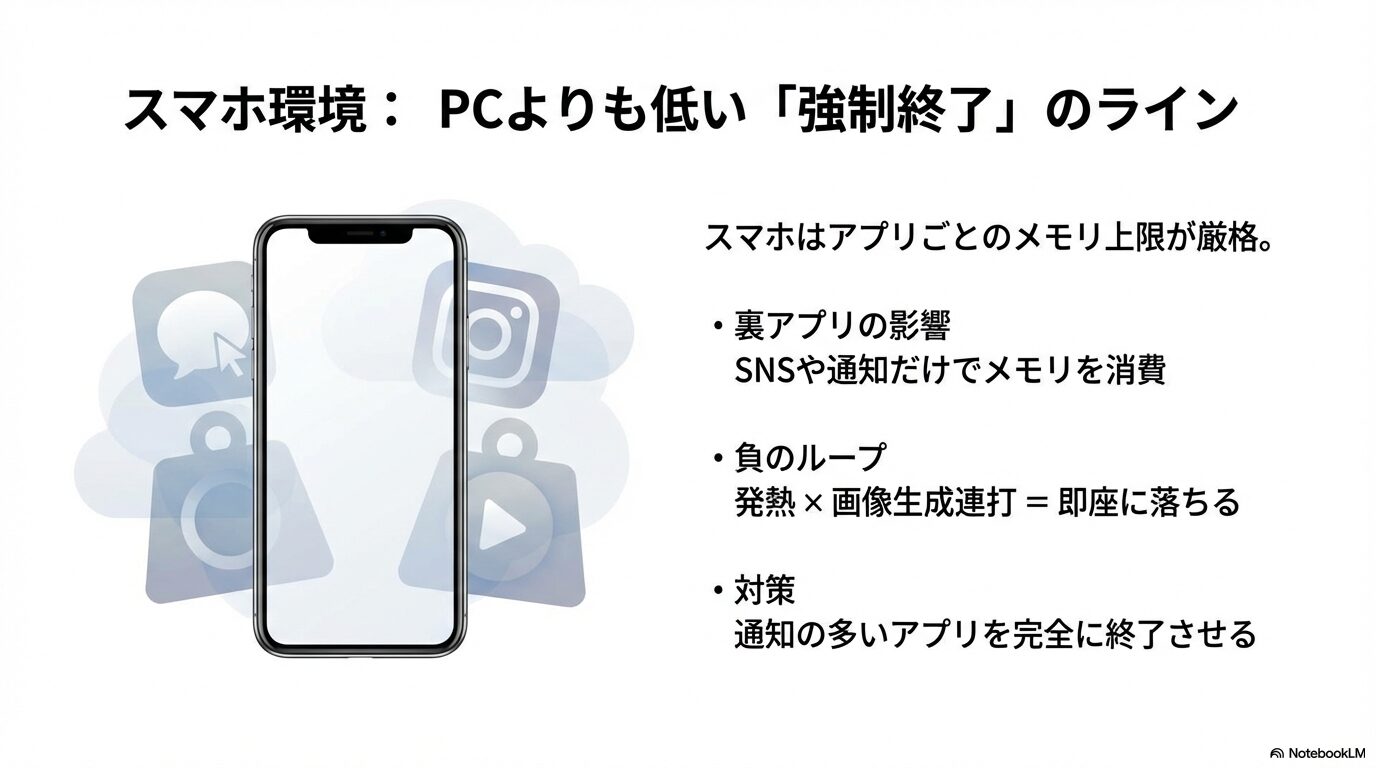 スマホアプリの厳格なメモリ上限と、裏アプリ・発熱・画像生成連打が招く強制終了のメカニズム。