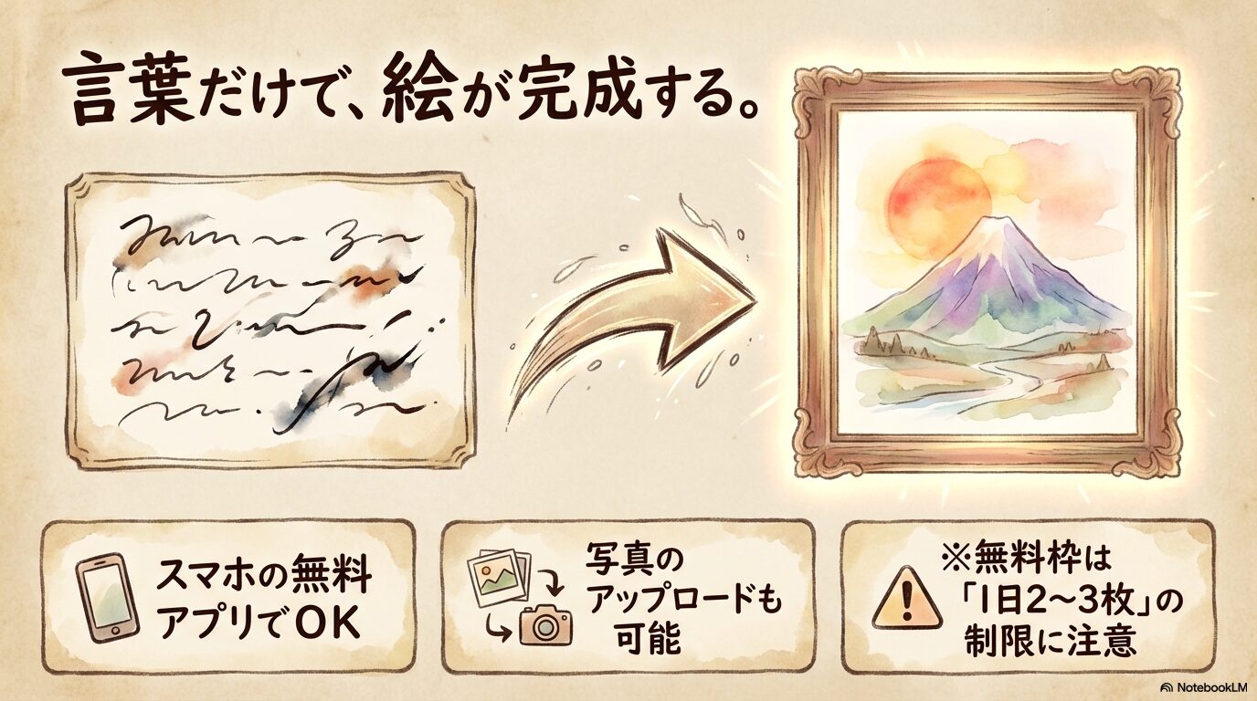 スマホの無料アプリを使った画像生成の手軽さと、1日2から3枚という無料枠の制限についての解説メモ