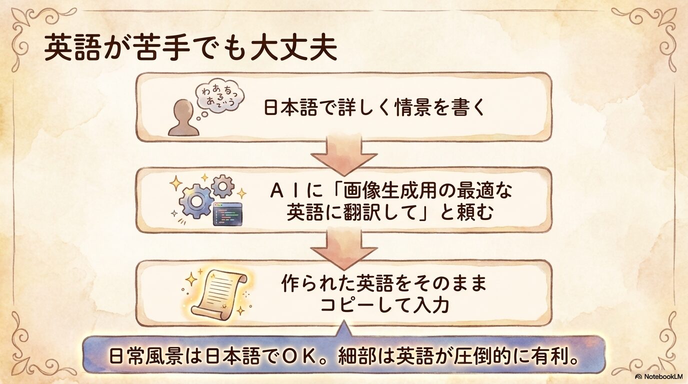 日本語で書いた情景をAIに英語翻訳させ、それをそのまま入力して高品質な画像を生成する手順
