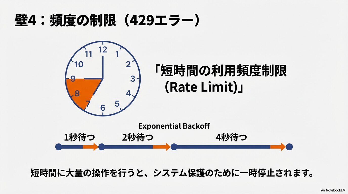 短時間の利用頻度制限による429エラーの解説と、1秒、2秒、4秒と待機時間を延ばして再試行する指数バックオフのイメージ図。