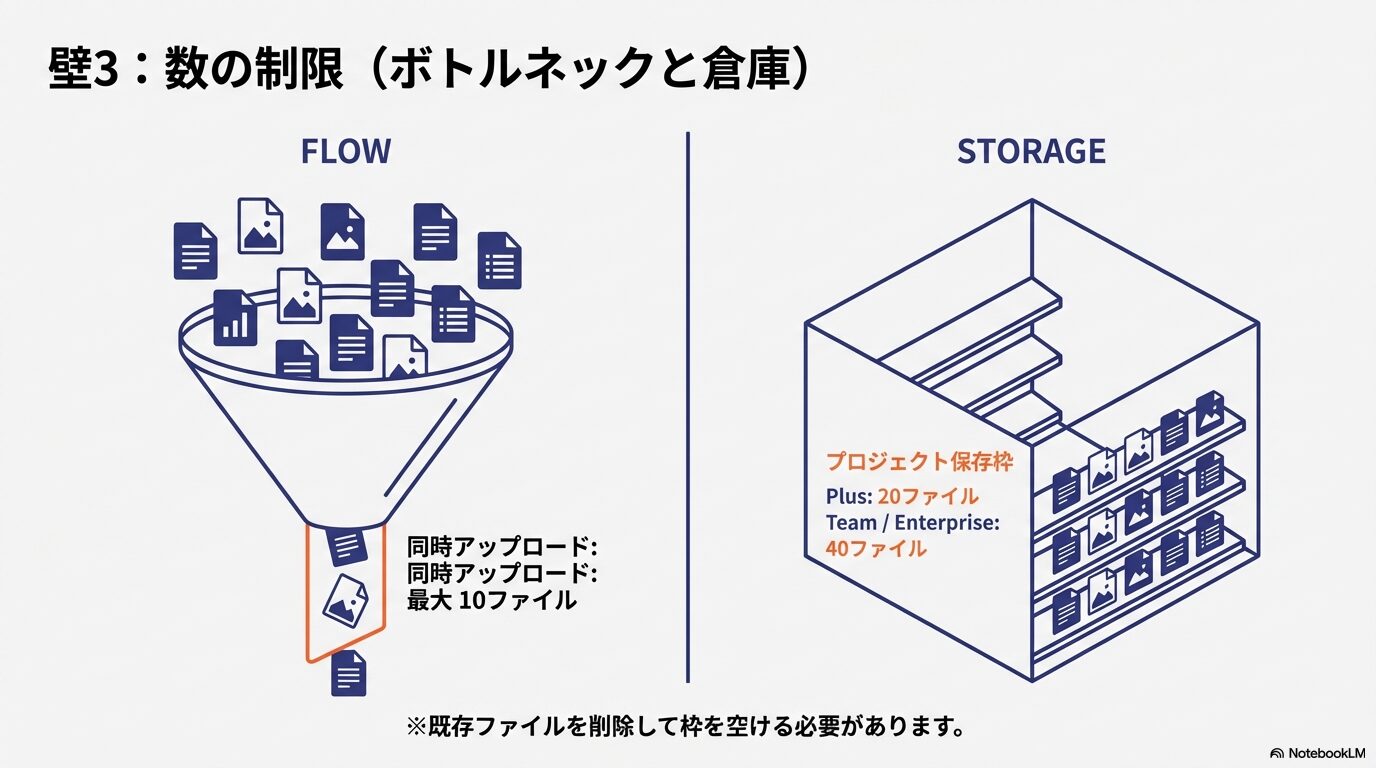 同時アップロード最大10ファイル、プロジェクト保存枠（Plusは20、Team/Enterpriseは40ファイル）の制限を解説する図。