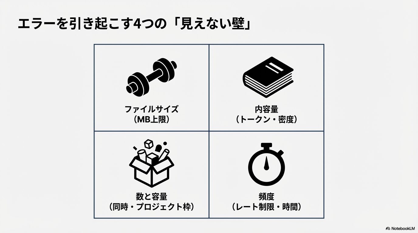 ChatGPTでアップロードエラーを引き起こす4つの要因（ファイルサイズ、内容量、数と容量、頻度）を示すアイコン付きの解説図。