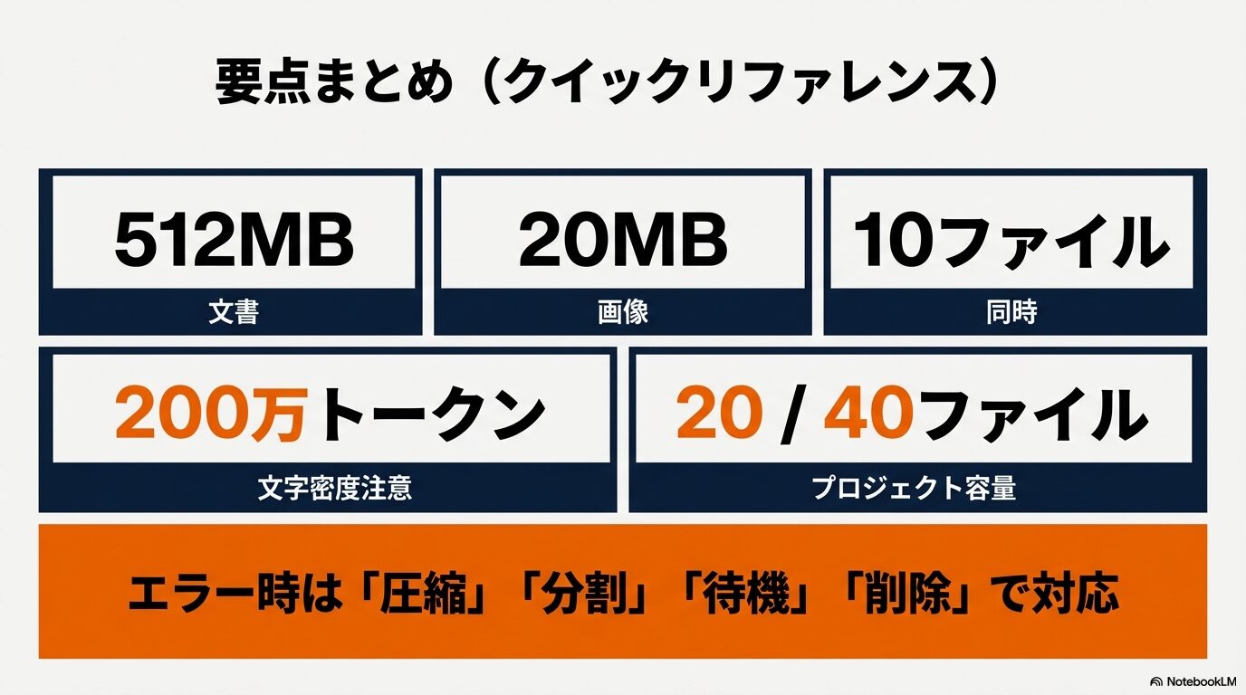 文書512MB、画像20MB、200万トークン、同時10ファイル、プロジェクト枠20/40などの重要数値を凝縮したまとめ図。