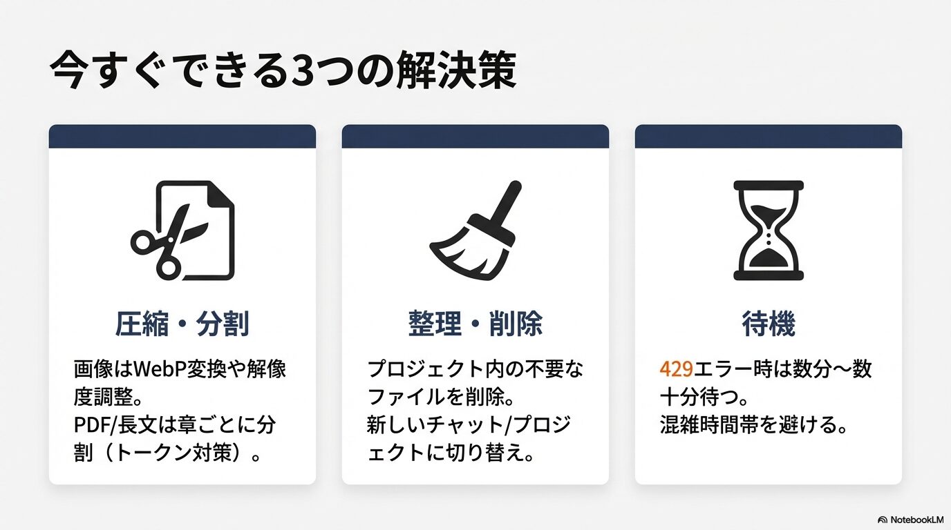 「圧縮・分割」「整理・削除」「待機」の3つの具体的な解決アクションを解説する図。