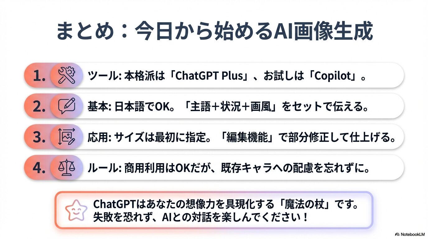 ツール選び、プロンプトの基本、応用テクニック、ルールの4点を振り返るまとめスライド。