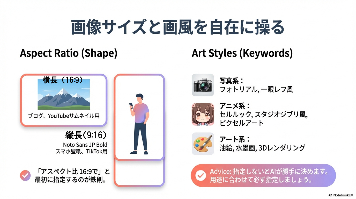 横長(16:9)や縦長(9:16)のサイズ指定と、写真・アニメ・アート系などの画風キーワードをまとめたスライド。