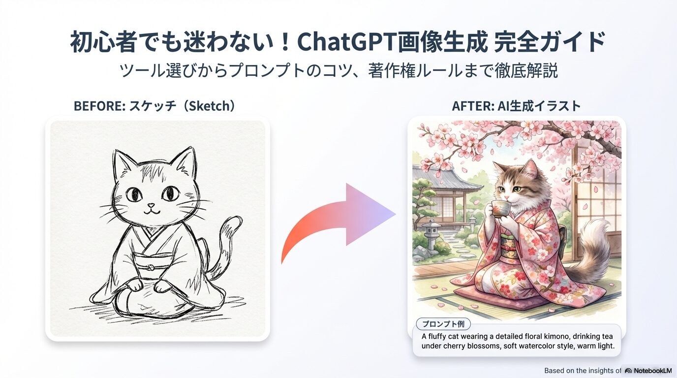 猫のシンプルな線画スケッチと、それをAIで生成した色鮮やかでリアルな水彩画風のイラストの比較画像。