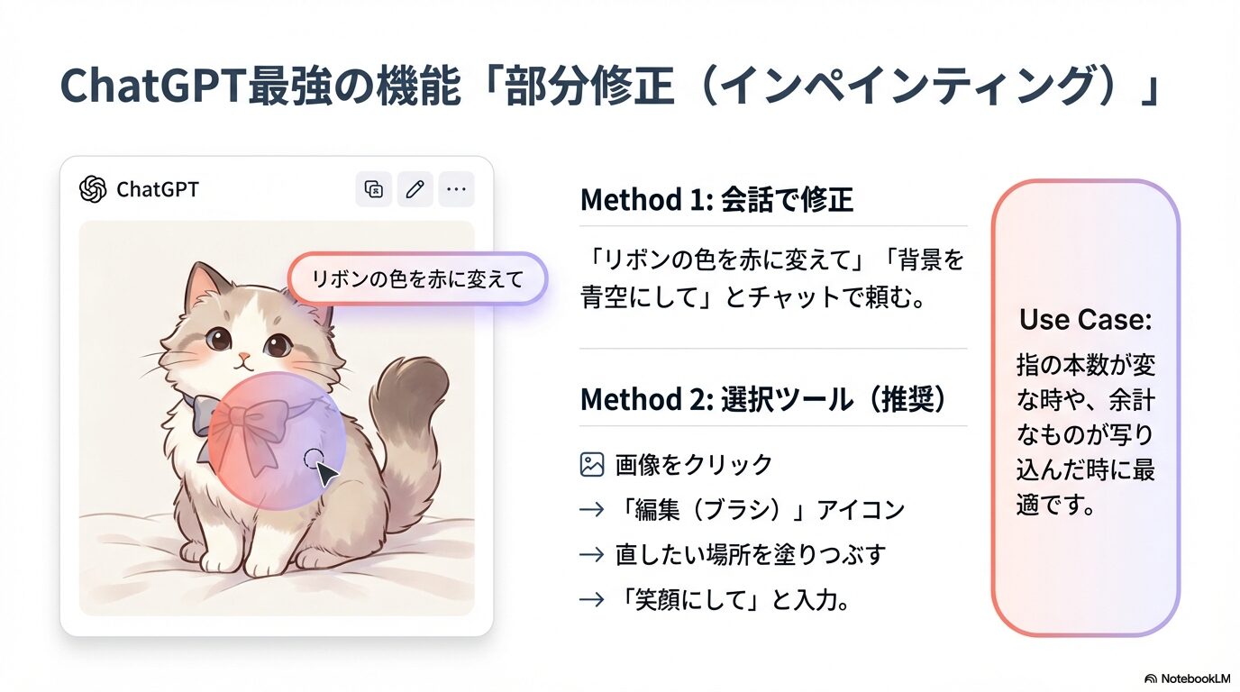 画像の直したい部分を塗りつぶして「笑顔にして」などと指示する、部分修正（インペインティング）の手順を解説するスライド。