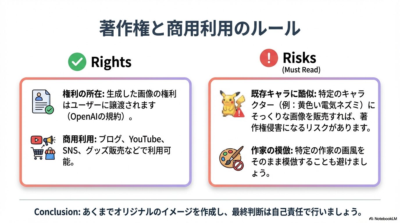 生成物の権利はユーザーに譲渡され商用利用可能だが、既存キャラへの酷似などのリスクに注意が必要であることを示すスライド。