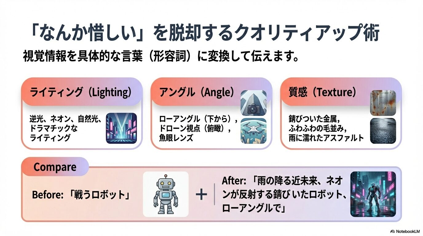 ライティング、アングル、質感といった形容詞をプロンプトに加えることで、ロボットの画像がより詳細になる比較例。