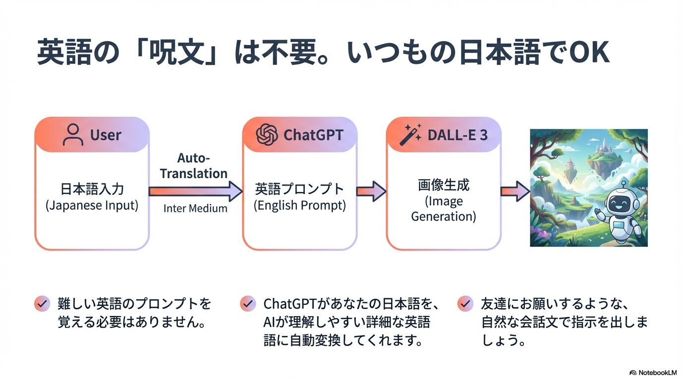 ユーザーが入力した日本語がChatGPT内で自動的に詳細な英語プロンプトに変換され、DALL-E 3が画像を生成する流れ図。