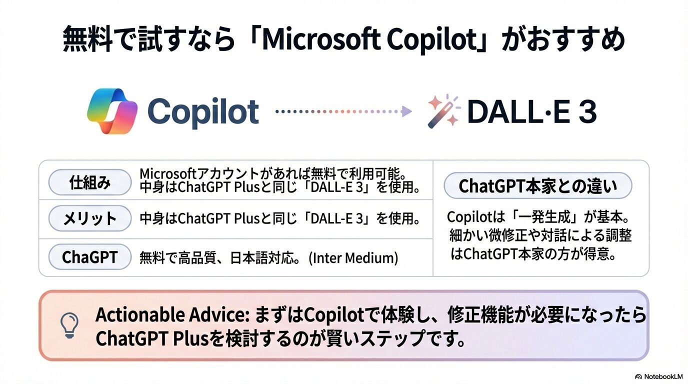 Microsoftアカウントがあれば無料でDALL-E 3が利用できるCopilotのメリットと、ChatGPT本家との違いを説明するスライド。