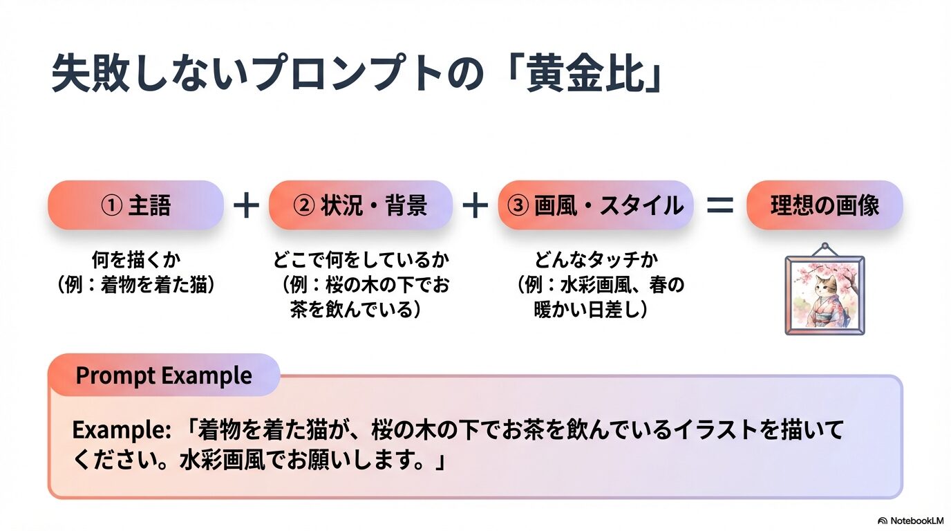 「主語＋状況・背景＋画風・スタイル」の3要素を組み合わせるプロンプトの黄金比を解説するスライド。