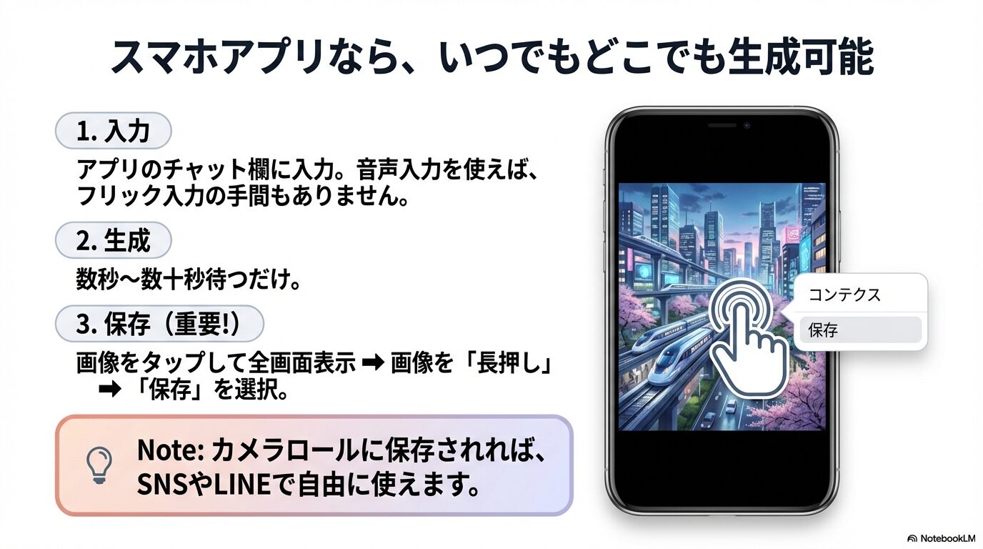スマホアプリでプロンプトを入力し、生成された画像を長押しして保存する手順を説明するイラスト。