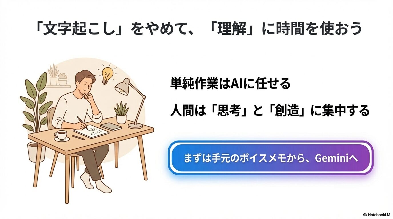 単純な文字起こし作業はAIに任せ、人間は思考と創造に集中することで生産性を向上させるイメージイラスト。