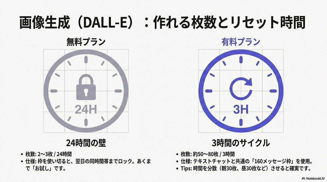 無料プランは24時間で2〜3枚、有料プランは3時間で約50〜80枚(160メッセージ枠共通)というリセットサイクルの違いを示すイラスト。