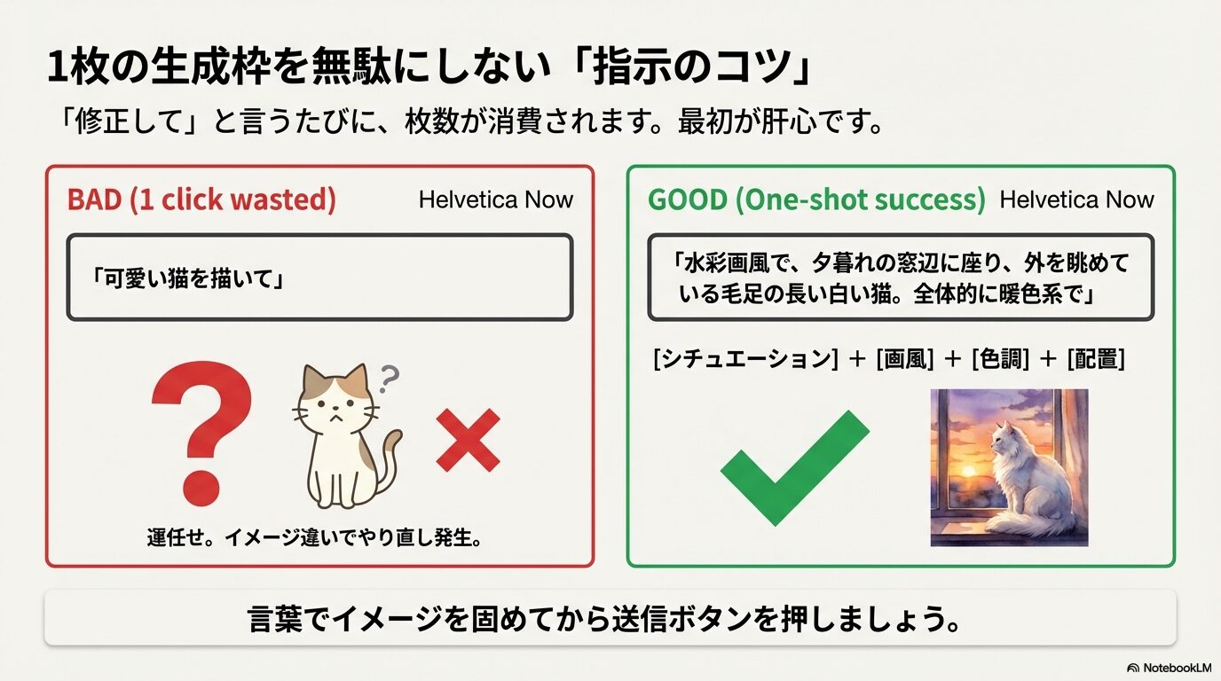 短い指示で失敗する例と、シチュエーション・画風・色調・配置を指定してワンショットで成功させる具体的な指示のコツ。