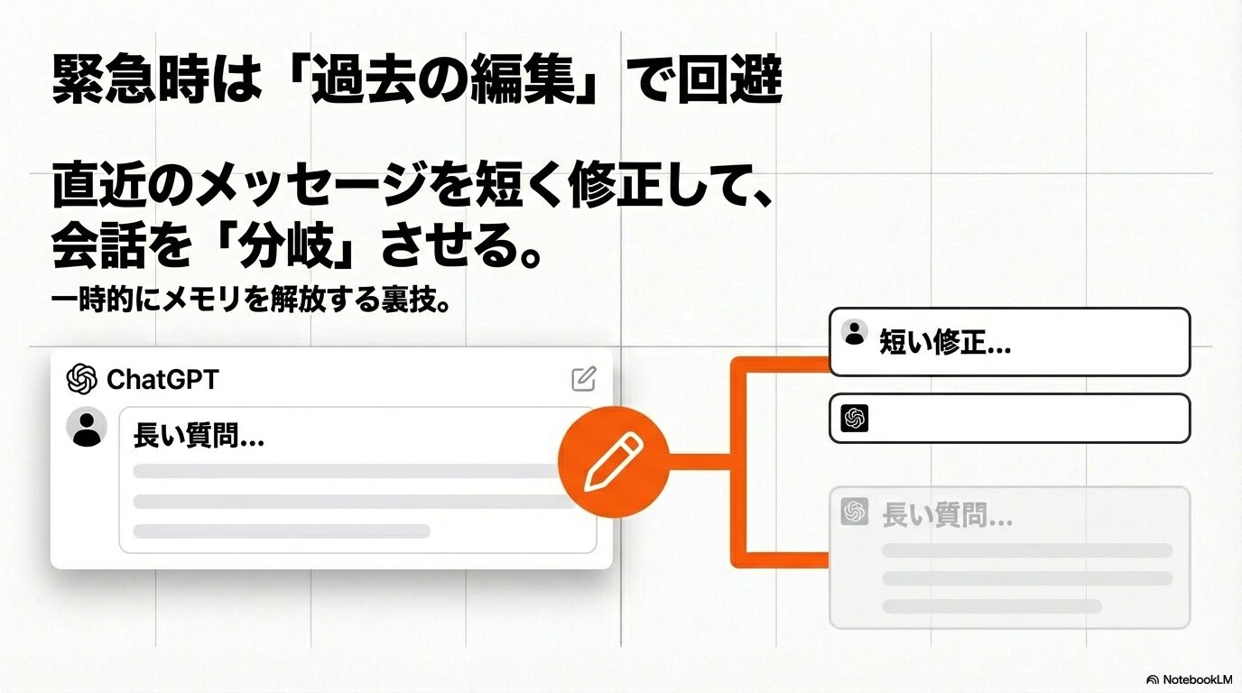 ChatGPTの編集機能を使って長い質問を短く修正し、会話を分岐させることで一時的にメモリを確保する手順の図解。