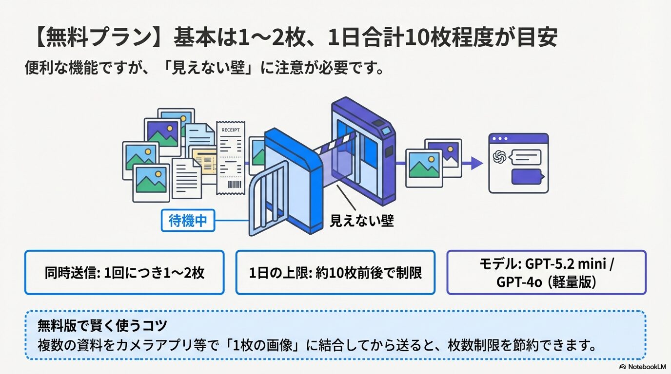 無料プランでは同時送信が1〜2枚、1日の上限が約10枚程度であり、GPT-5.2 miniなどの軽量版モデルが使用されることを示す説明図。