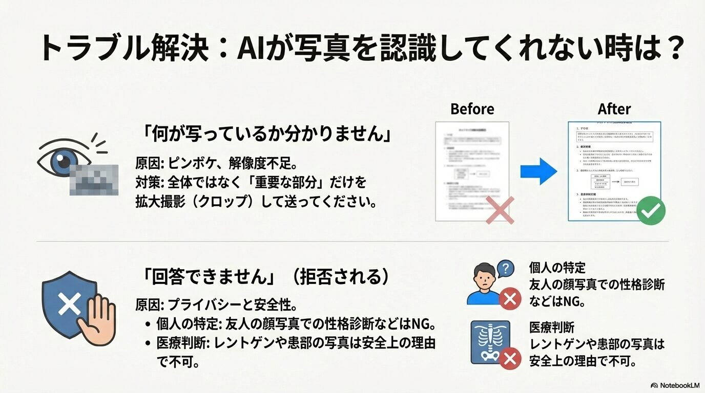ピンボケ対策としてのクロップ(拡大撮影)の推奨と、プライバシー(個人の特定)や医療判断などの理由で回答拒否される事例の紹介。