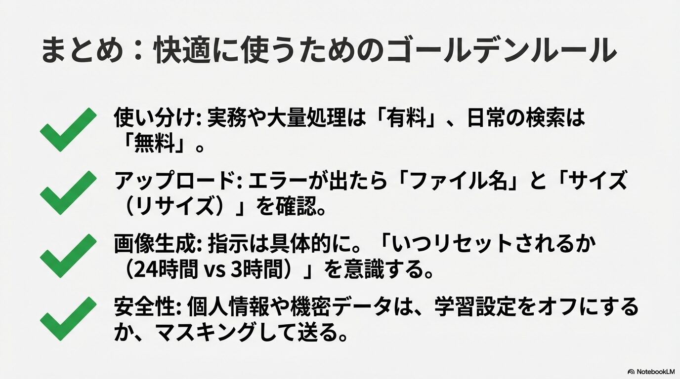 プランの使い分け、アップロードエラーの対処、画像生成のコツ、安全性の配慮をまとめた最終チェックリスト。