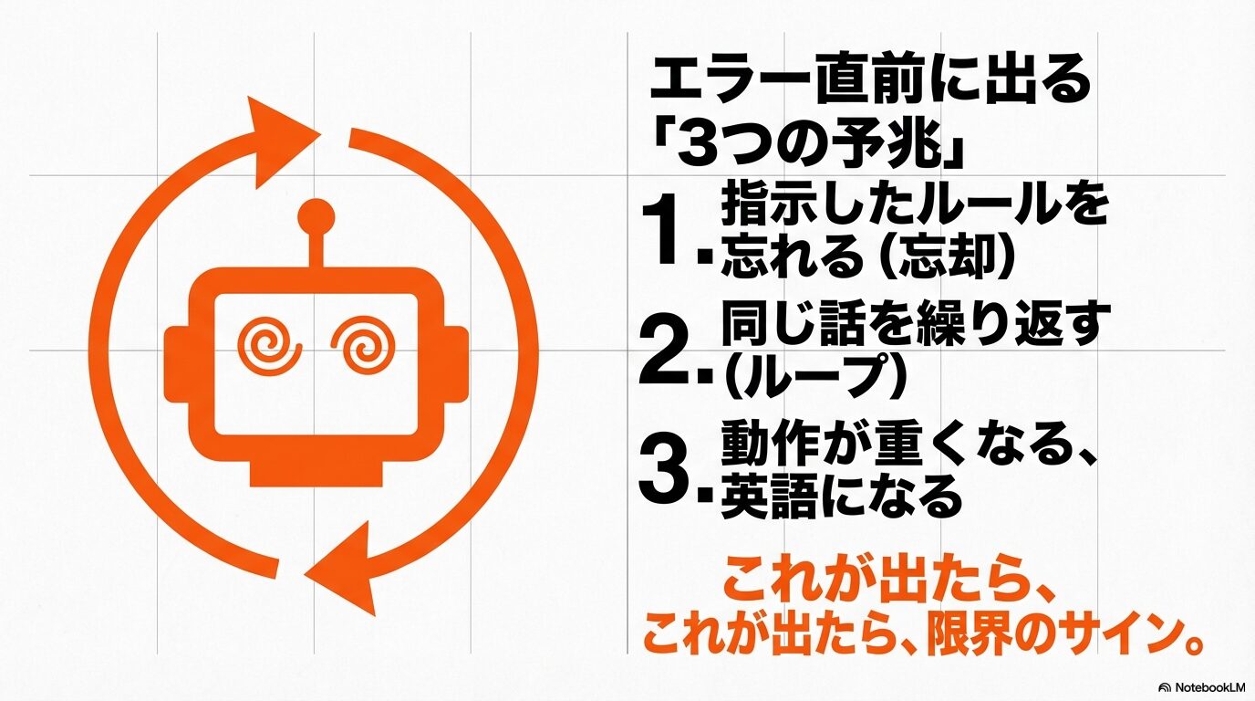 ChatGPTの動作が限界に近づいた際に出る3つのサイン（ルールの忘却、会話のループ、動作の遅延）をまとめたチェックリスト。
