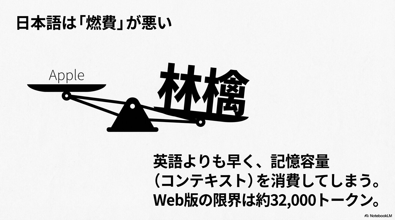 天秤のイラスト。「Apple」という英語よりも「林檎」という日本語の方が重く描かれ、日本語はトークン燃費が悪く記憶容量を早く消費することを表現。