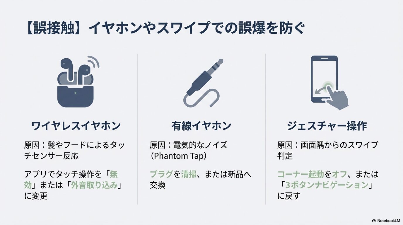 ワイヤレスイヤホンのタッチセンサーと有線イヤホンの誤接触（Phantom Tap）によるGemini起動の仕組みと対策
