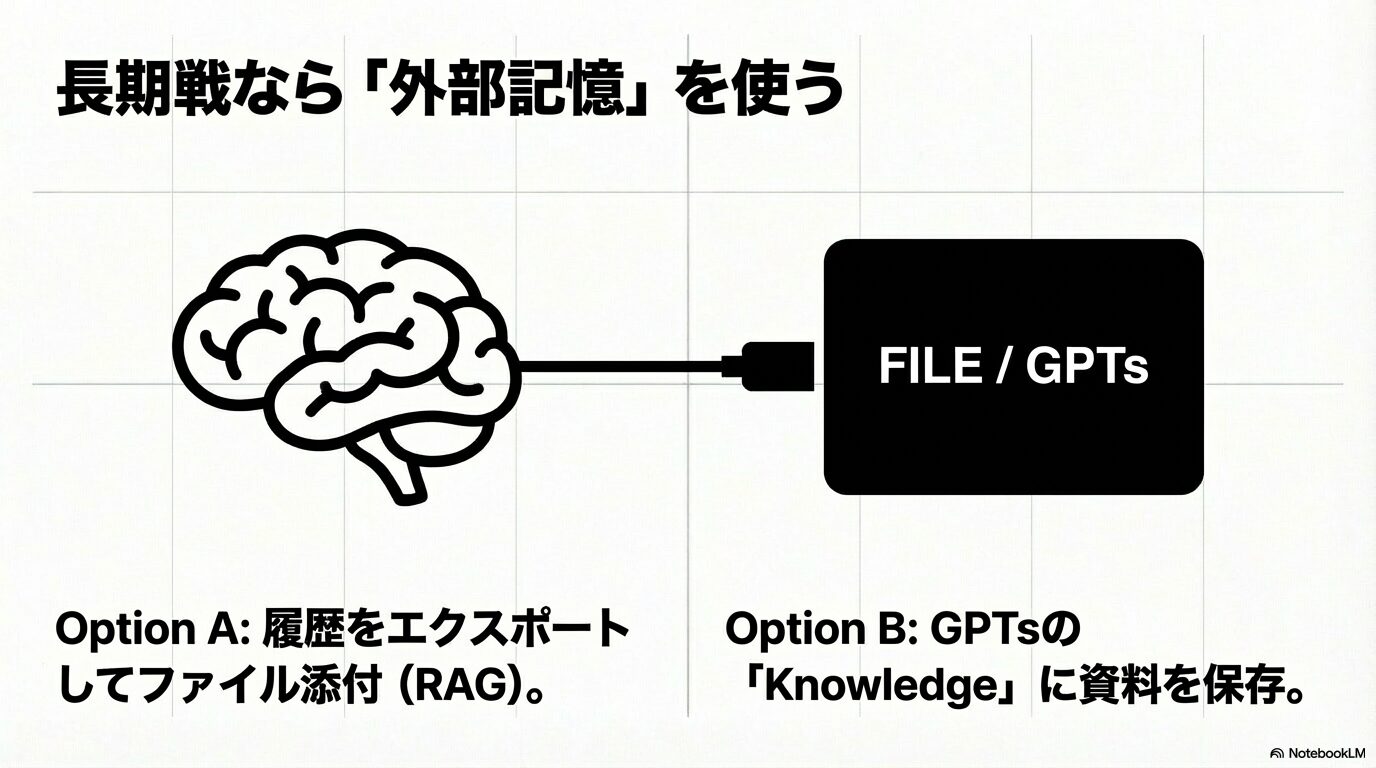 AIの脳内メモリだけでなく、エクスポートしたファイルやGPTsのKnowledge機能を外部記憶として活用する方法のイラスト。