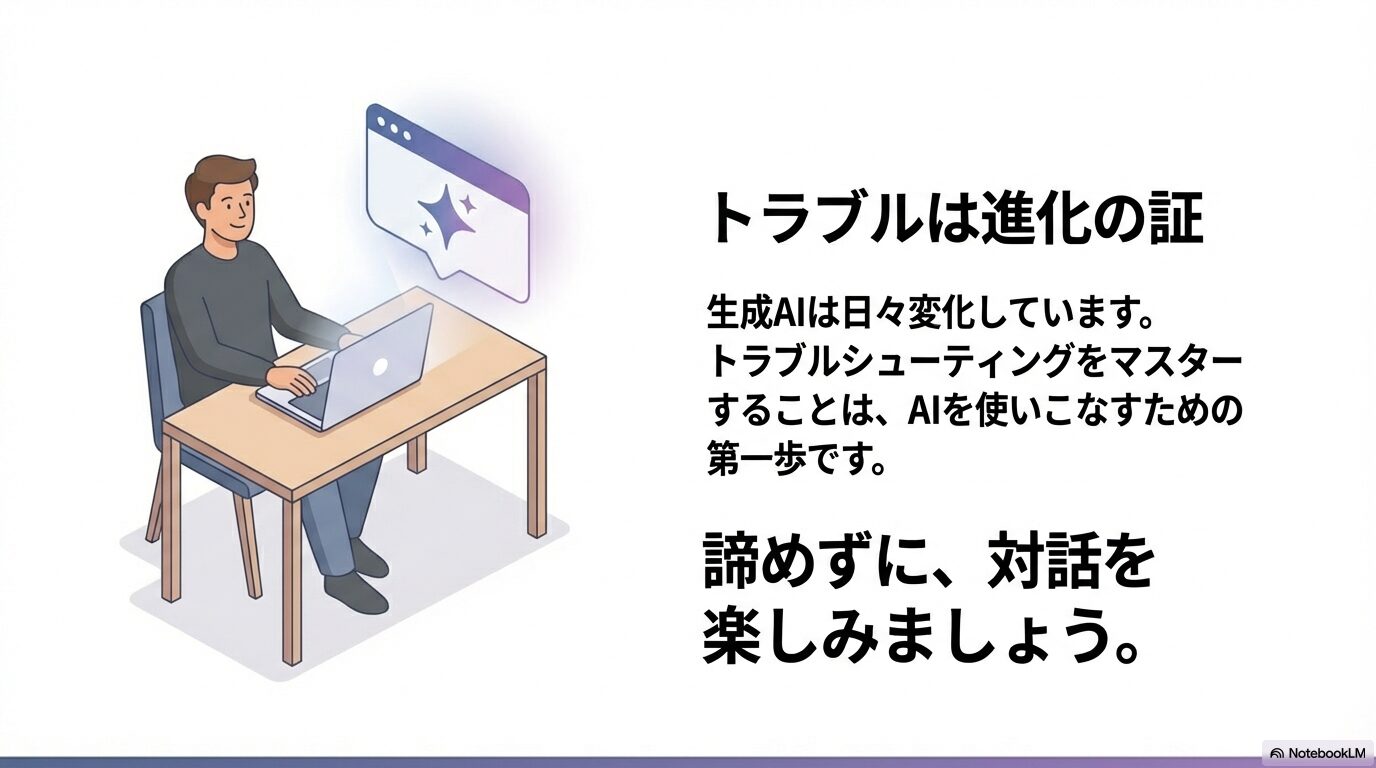 トラブルは進化の証であり、対話を楽しみながら使いこなそうというメッセージ画像