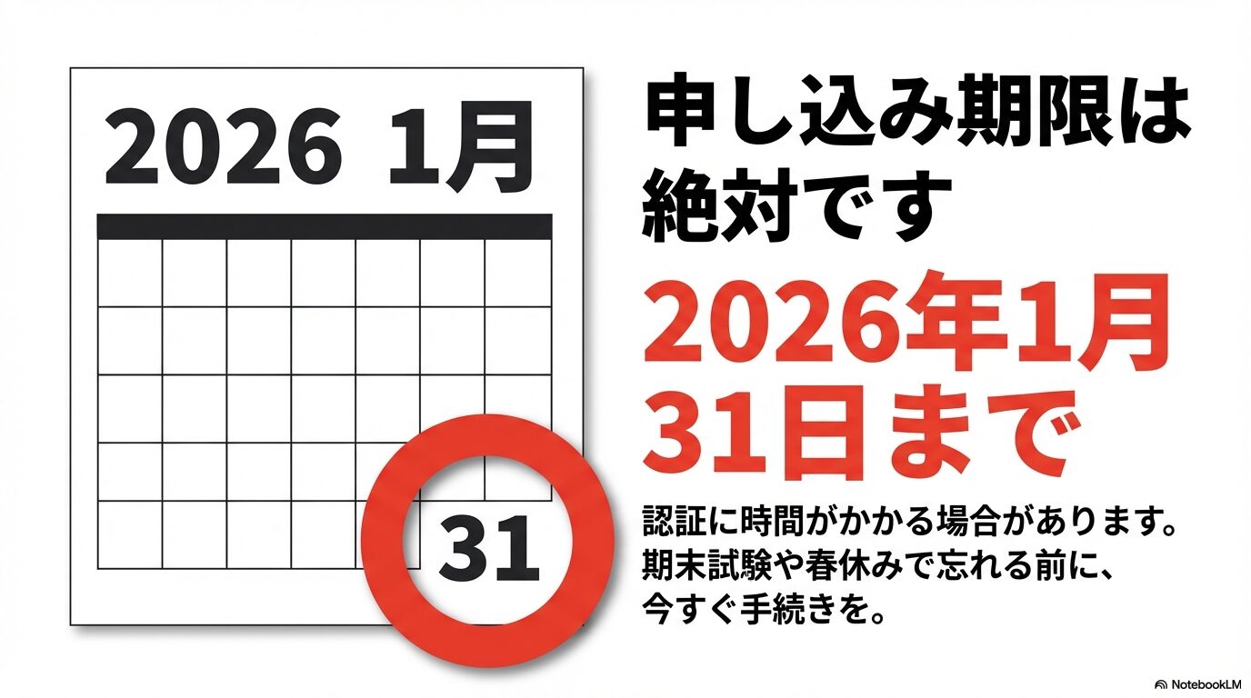 Gemini学生特典の申し込み期限が2026年1月31日であることを示すカレンダーのイラスト