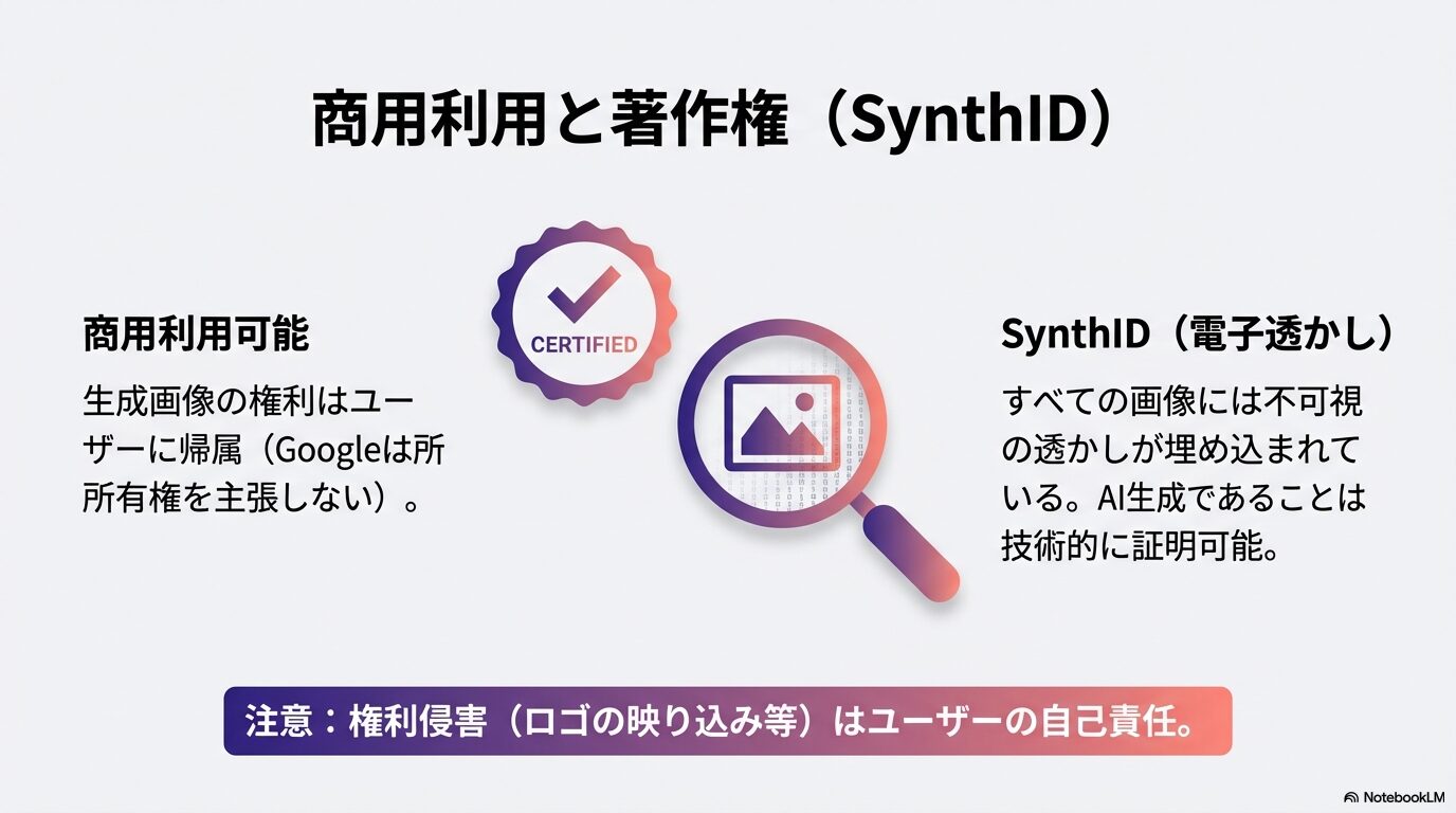 Gemini生成画像の商用利用と著作権に関する解説。商用利用は可能だが、すべての画像には不可視の透かし「SynthID」が埋め込まれており、AI生成であることが技術的に証明可能であることを示す図。