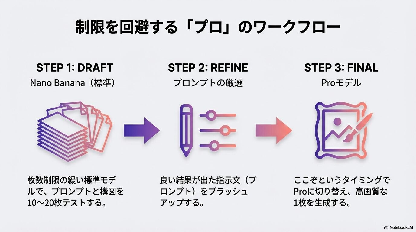 Geminiの制限を回避するプロのワークフロー。STEP1：標準モデルでドラフト作成、STEP2：プロンプトの厳選、STEP3：Proモデルで仕上げの1枚を生成するという流れを図解。