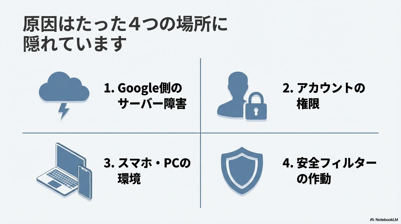 Geminiが動かない原因となる4つの場所（Google側、アカウント、端末環境、安全フィルター）の図解