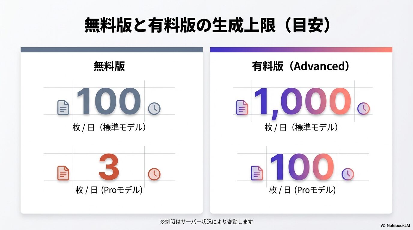 Geminiの無料版と有料版における1日あたりの画像生成枚数制限の目安。無料版は標準モデル約100枚/日、Proモデル3枚/日。有料版は標準モデル約1,000枚/日、Proモデル1,000枚/日と記載された比較表。
