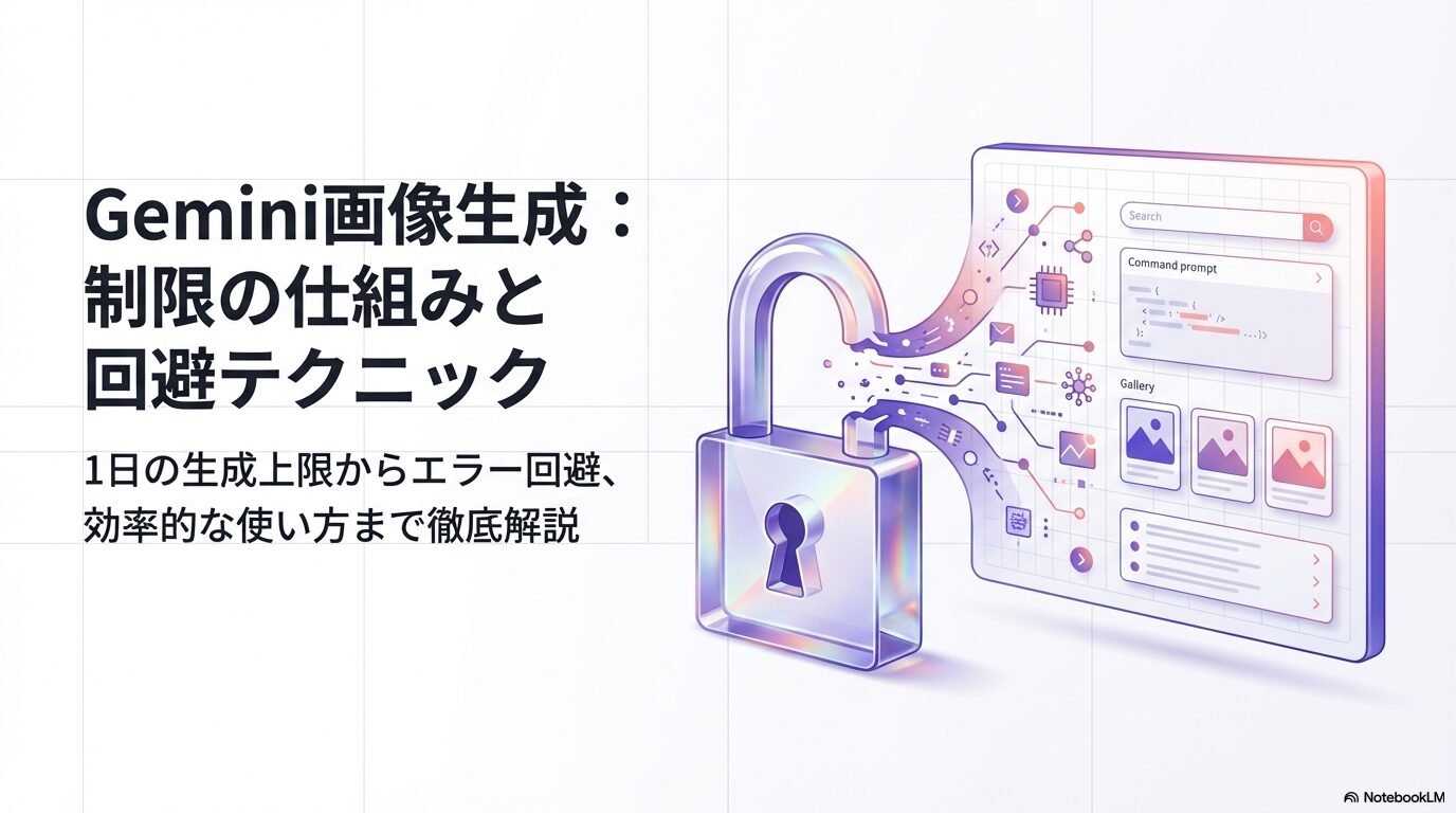 鍵の開いた南京錠からデジタルアイコンが飛び出すイラスト。Geminiの画像生成における制限の仕組みと回避テクニック、エラー回避から効率的な使い方までを解説するタイトルスライド。