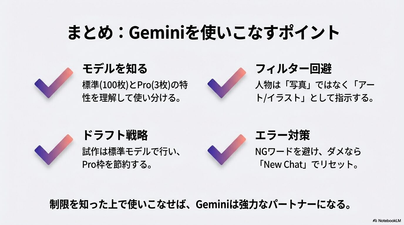 記事のまとめスライド。モデルの特性理解、ドラフト戦略による節約、フィルター回避のためのスタイル指定、エラー対策としてのNew Chat活用など、Geminiを使いこなす重要ポイントを箇条書きで掲載。