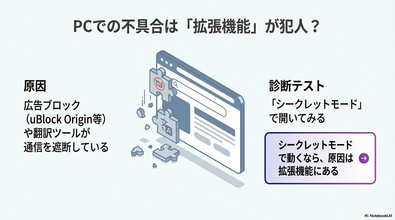 広告ブロック等の拡張機能が原因か特定するために、シークレットモードでテストする方法の図解