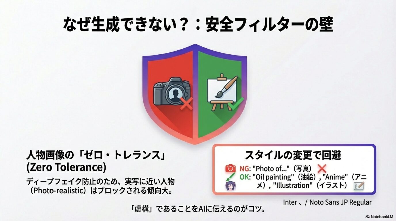 Geminiの安全フィルターの仕組み。実写に近い人物（Photo-realistic）はNGだが、油絵（Oil painting）やアニメ（Anime）、イラスト（Illustration）などのスタイル指定なら生成可能であることを示す比較図。