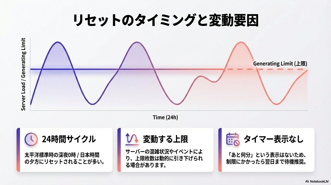 サーバーの混雑状況（波線）と生成上限（点線）の関係を示したグラフ。リセット時間は太平洋標準時の深夜0時（日本時間の夕方）が多く、混雑時には動的に上限が引き下げられることを説明している。