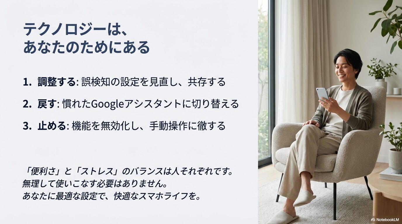 誤検知を調整する、Googleアシスタントに戻す、機能を止めるという3つの選択肢によるスマホとの付き合い方まとめ