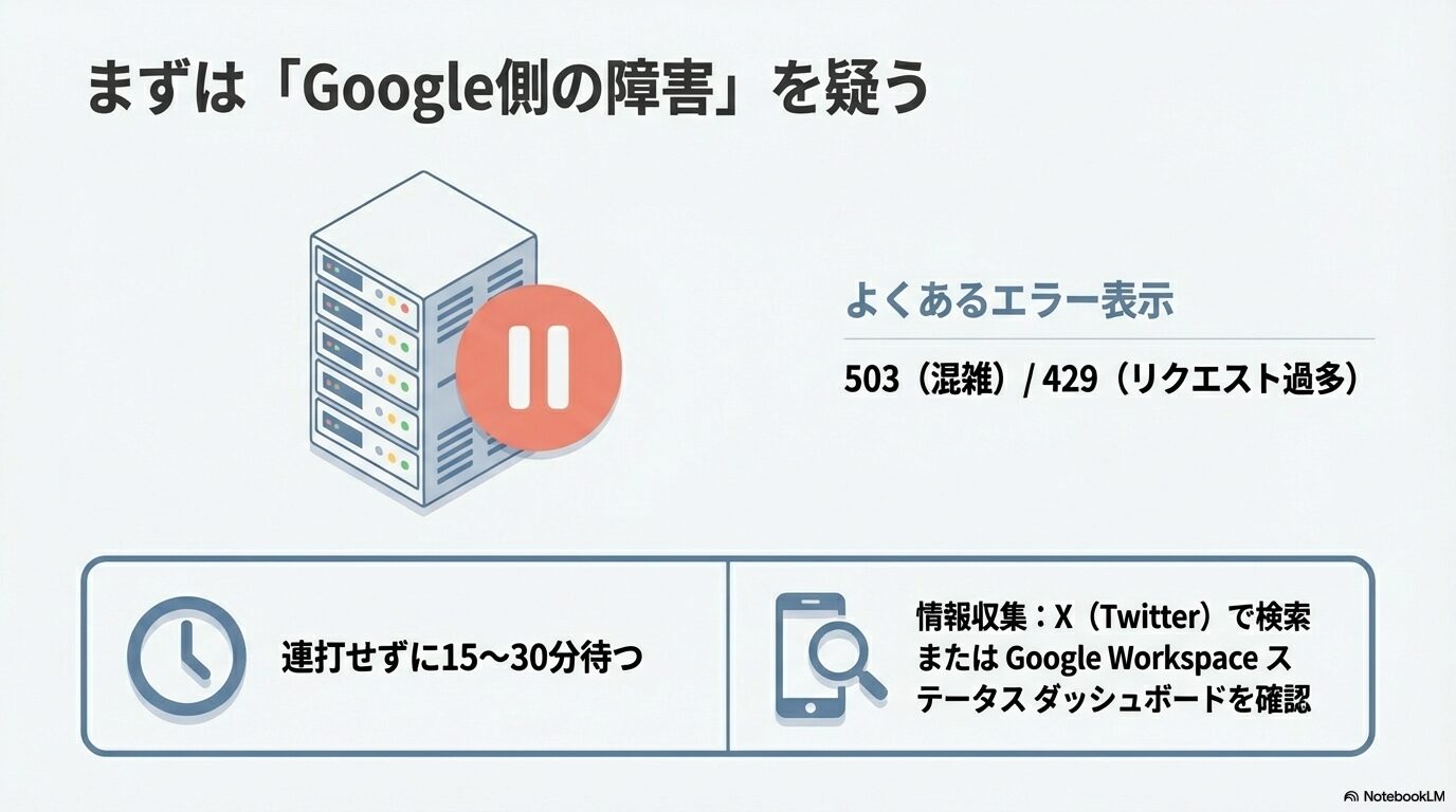 サーバー障害を示す503・429エラーの表示と、15〜30分待つべきという対処法のイラスト